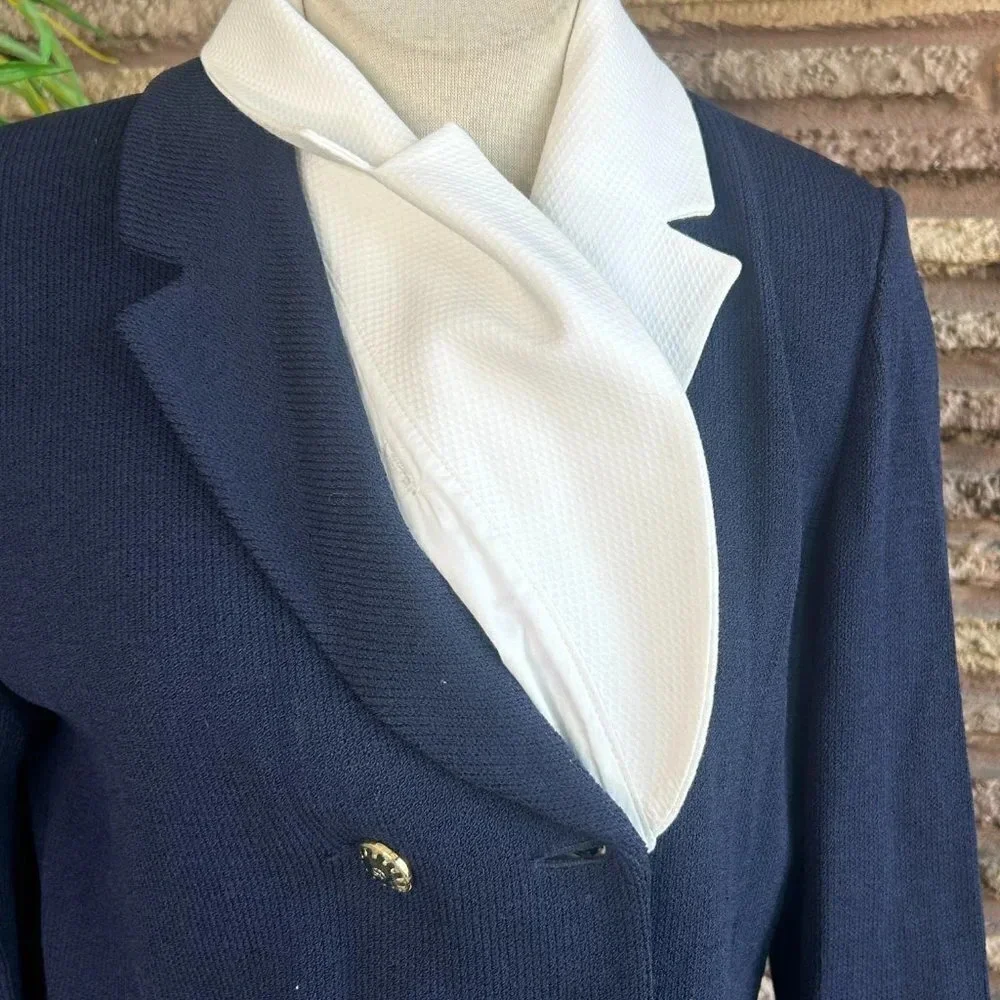 St. John Collection Navy Blue Santana Knit Nautical White Collar Skirt Suit